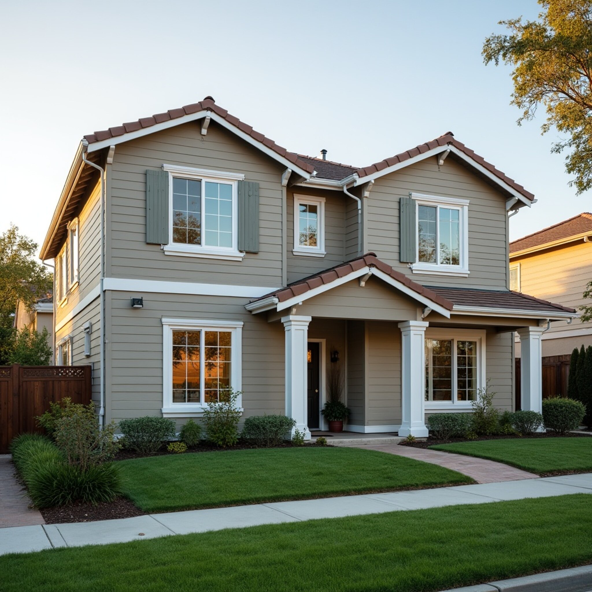Freshly painted two-story suburban home with a manicured lawn